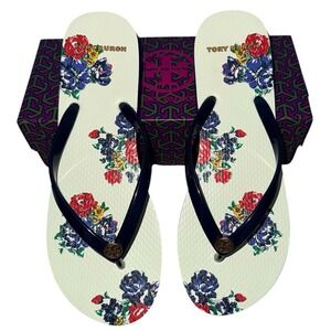 Tory Burch Womens Size 8 Navy Blue Tea Rose Thin Flip Flop EUC